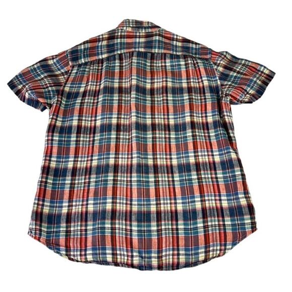 Lucky Brand Shirt Men's Size Large Red Blue Linen Plaid Short Sleeve Button Down - Picture 2 of 11
